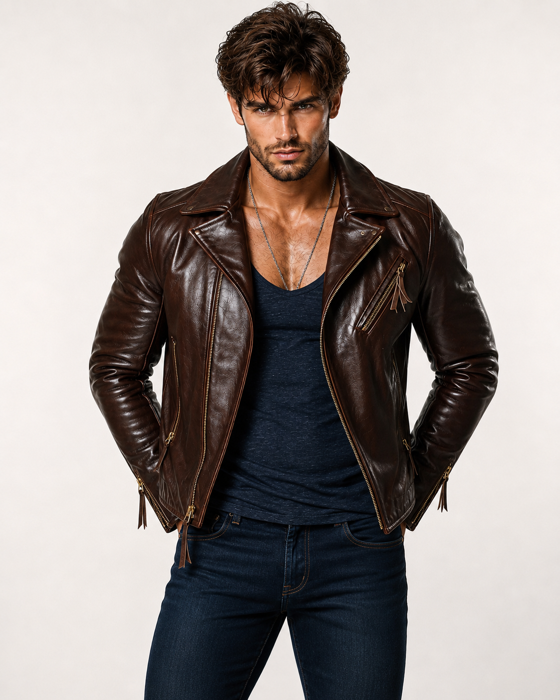 Men's Sheep Leather Biker Jacket: Slim Fit Motorcycle Style | Daaran – close-up of leather texture and stitching
