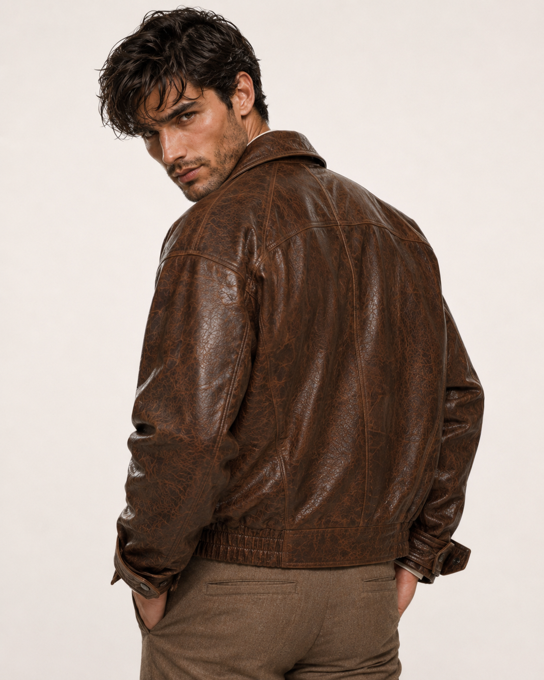 Oversized Brown Sheep Leather Aviator Blouson Jacket