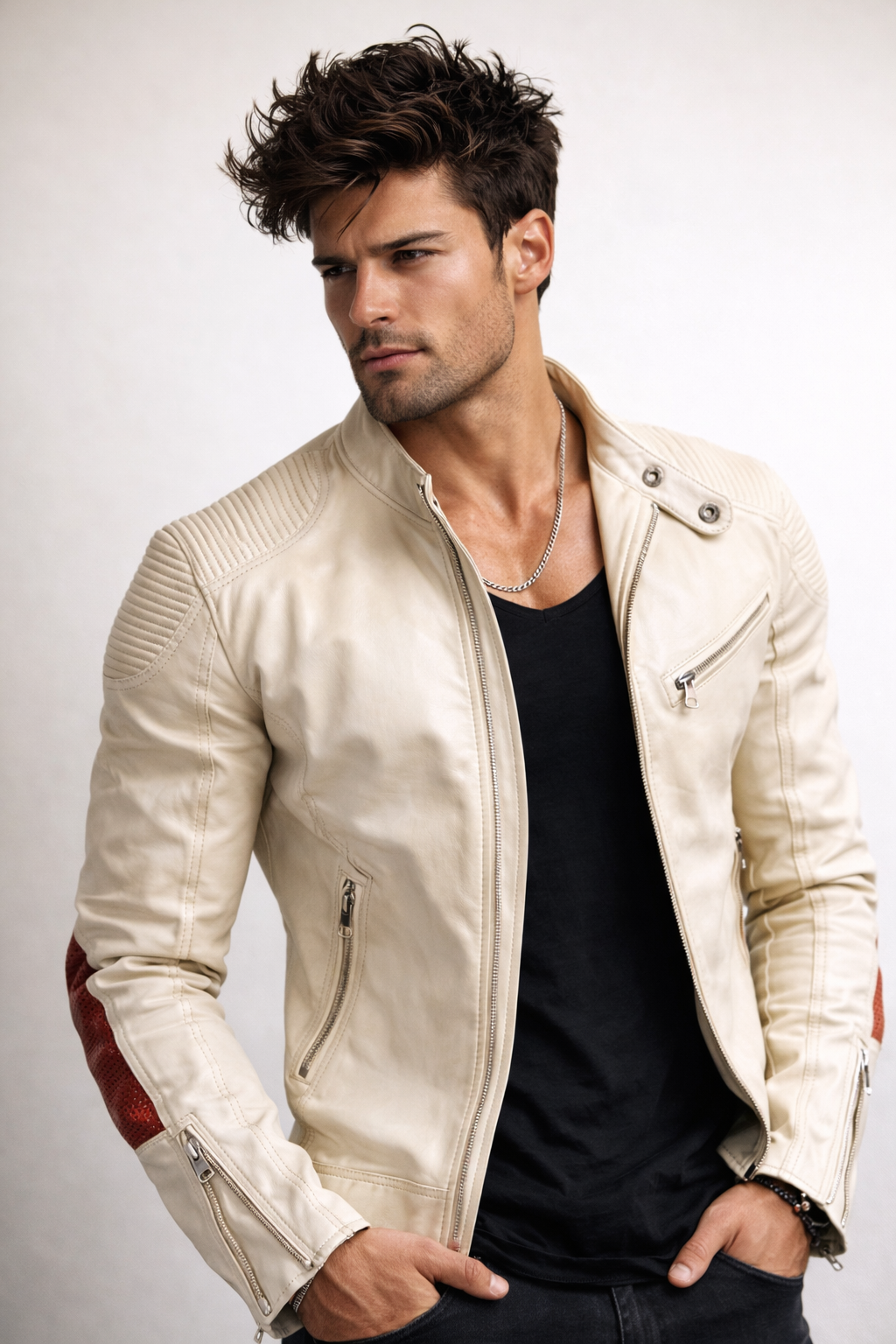 Ivory Moto Leather Jacket – Slim Fit Burnt Orange Panel Sheep Leather Biker | Aurelian by Daaran