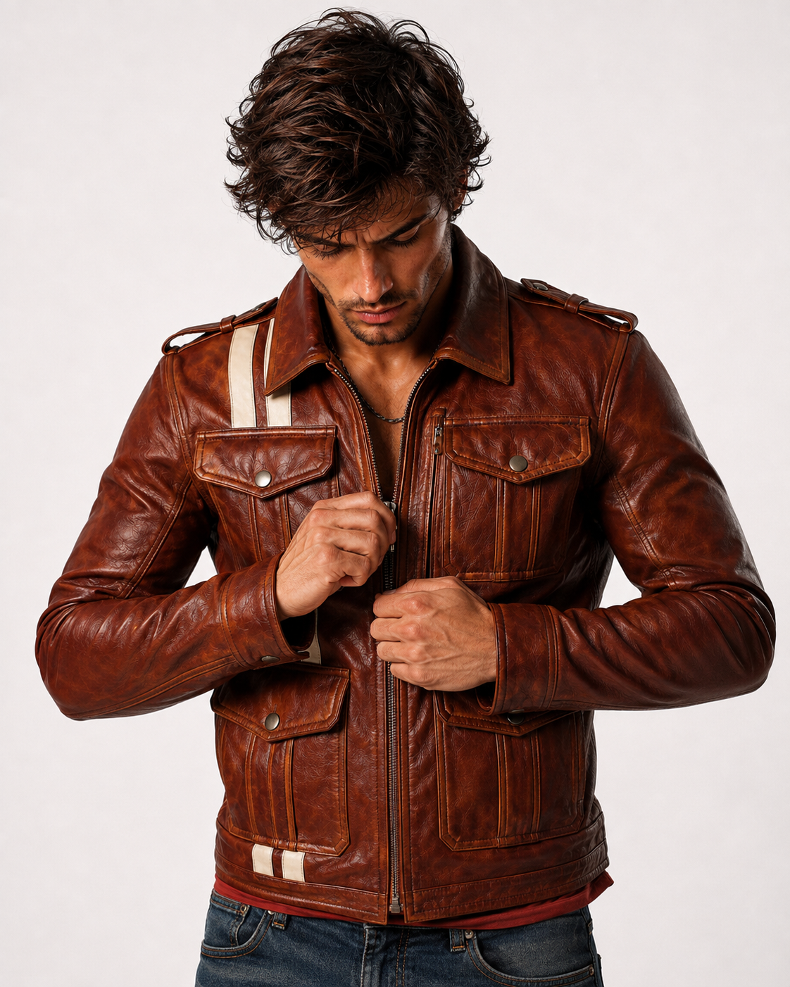 Burnt Saddle Cognac Brown Leather Café Racer Jacket