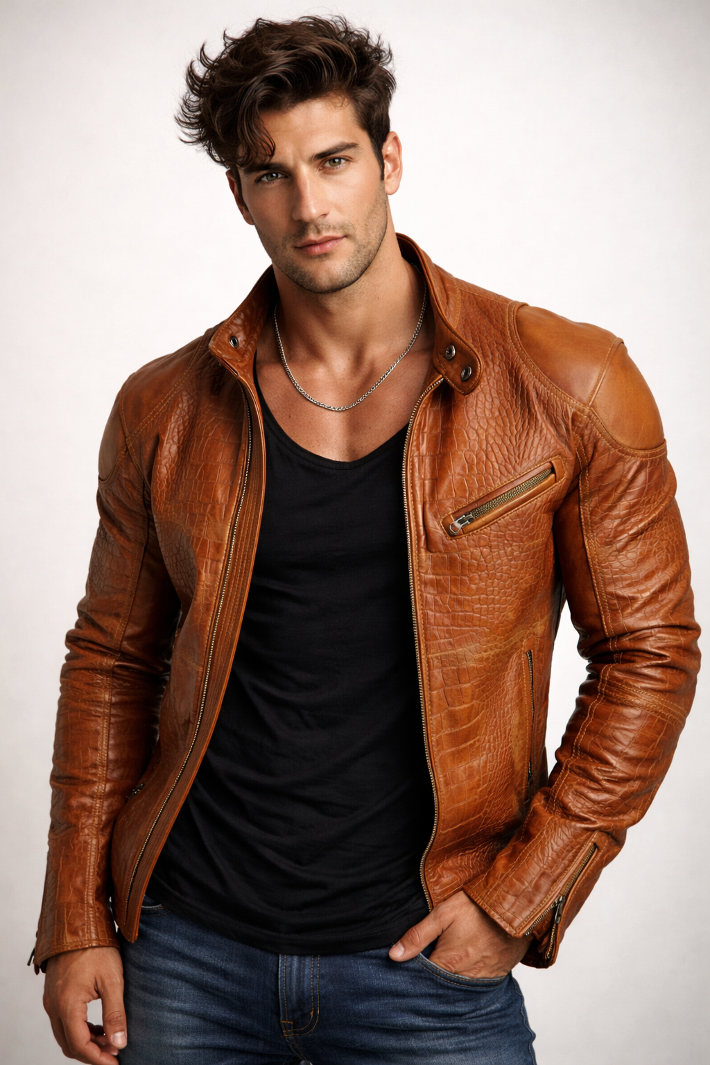 Cognac Croc-Embossed Sheep Leather Moto Jacket – Slim Fit | Crovane by Daaran