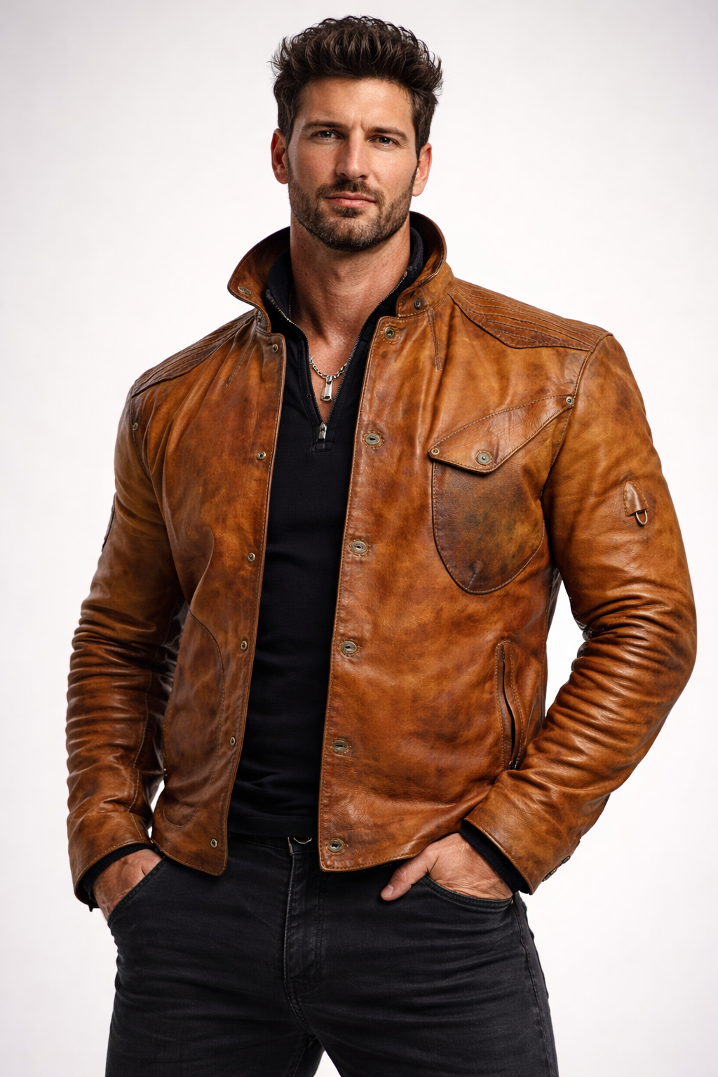 Cognac Burnished Leather Jacket – Dravenor by Daaran
