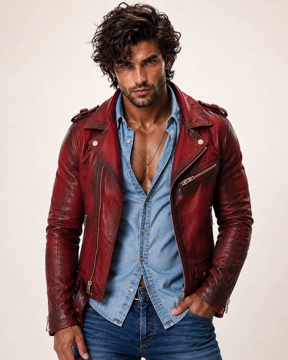 Urban Raider Distressed Red Leather Moto Jacket