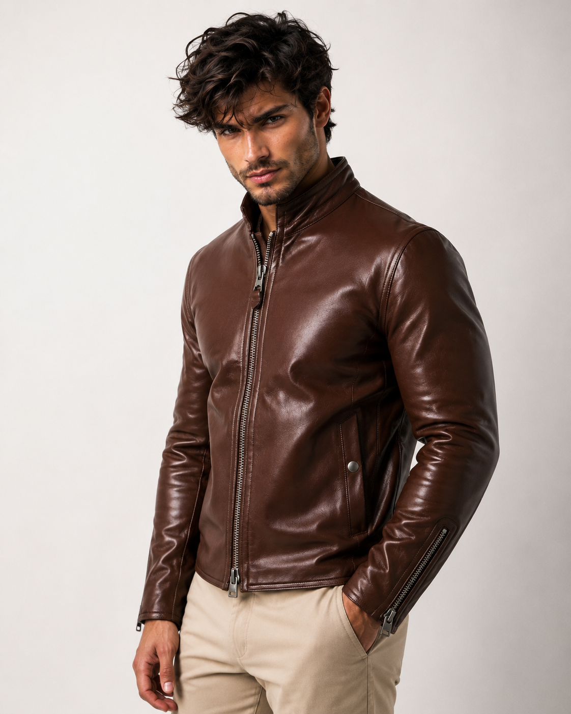 Dakota Luxe Brown Leather Biker Jacket