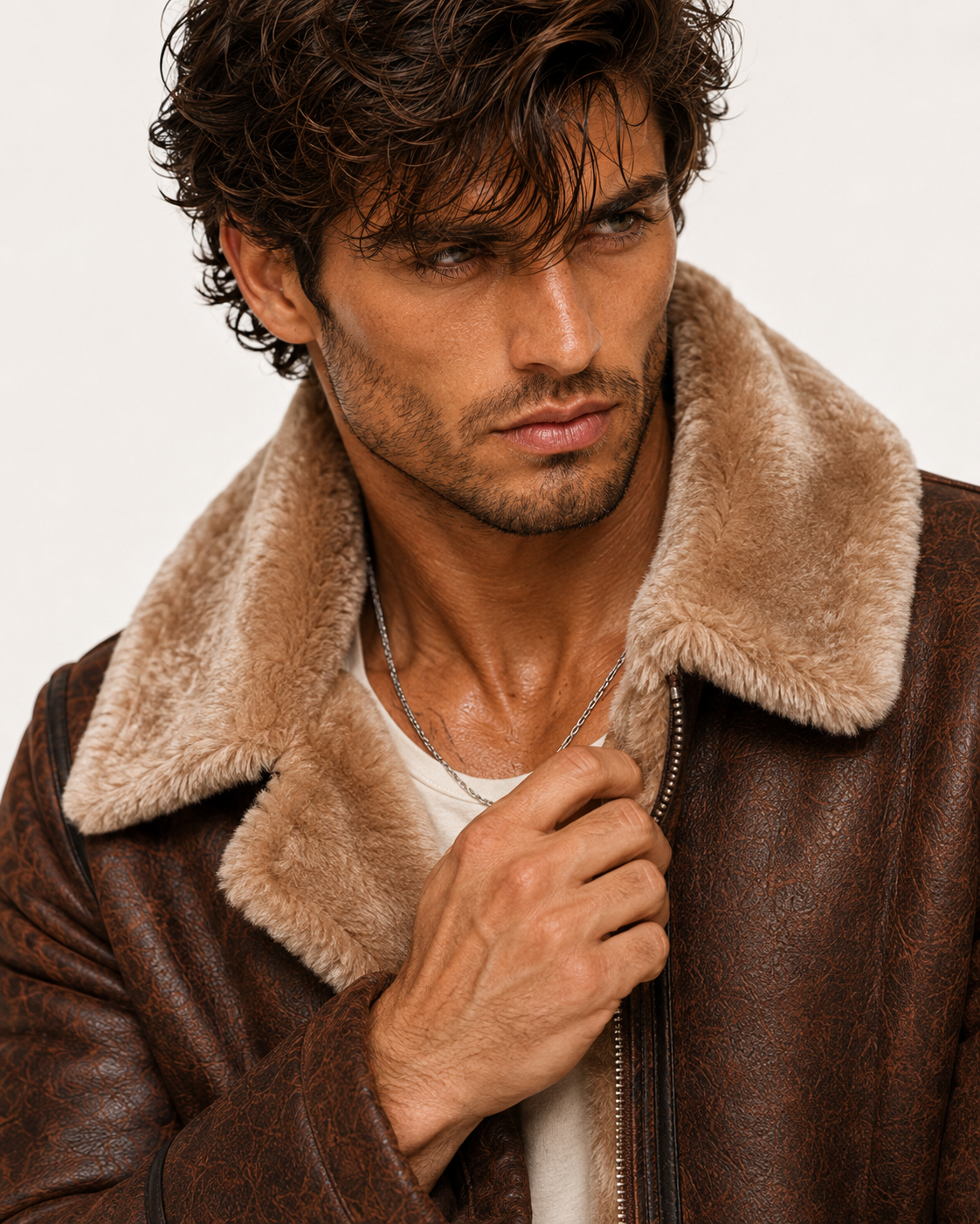 Brown Suede Leather Aviator Jacket – Shearling Collar