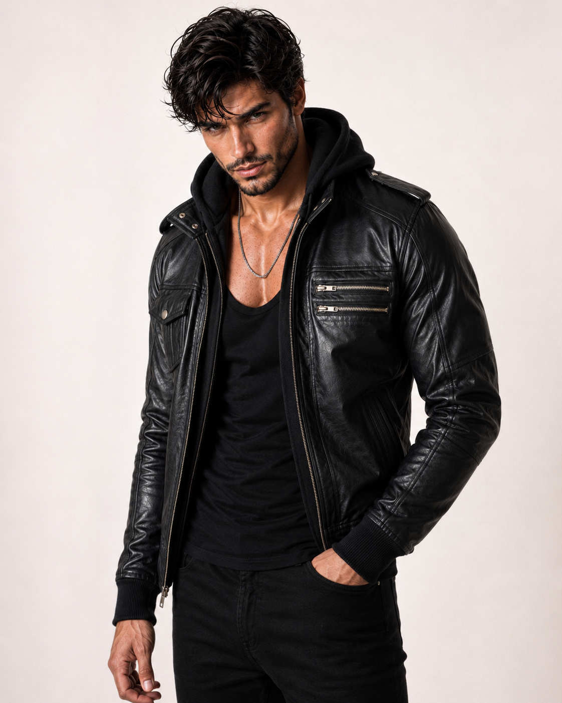 Black Sheep Leather Bomber Jacket – Detachable Hoodie | Daaran – back view
