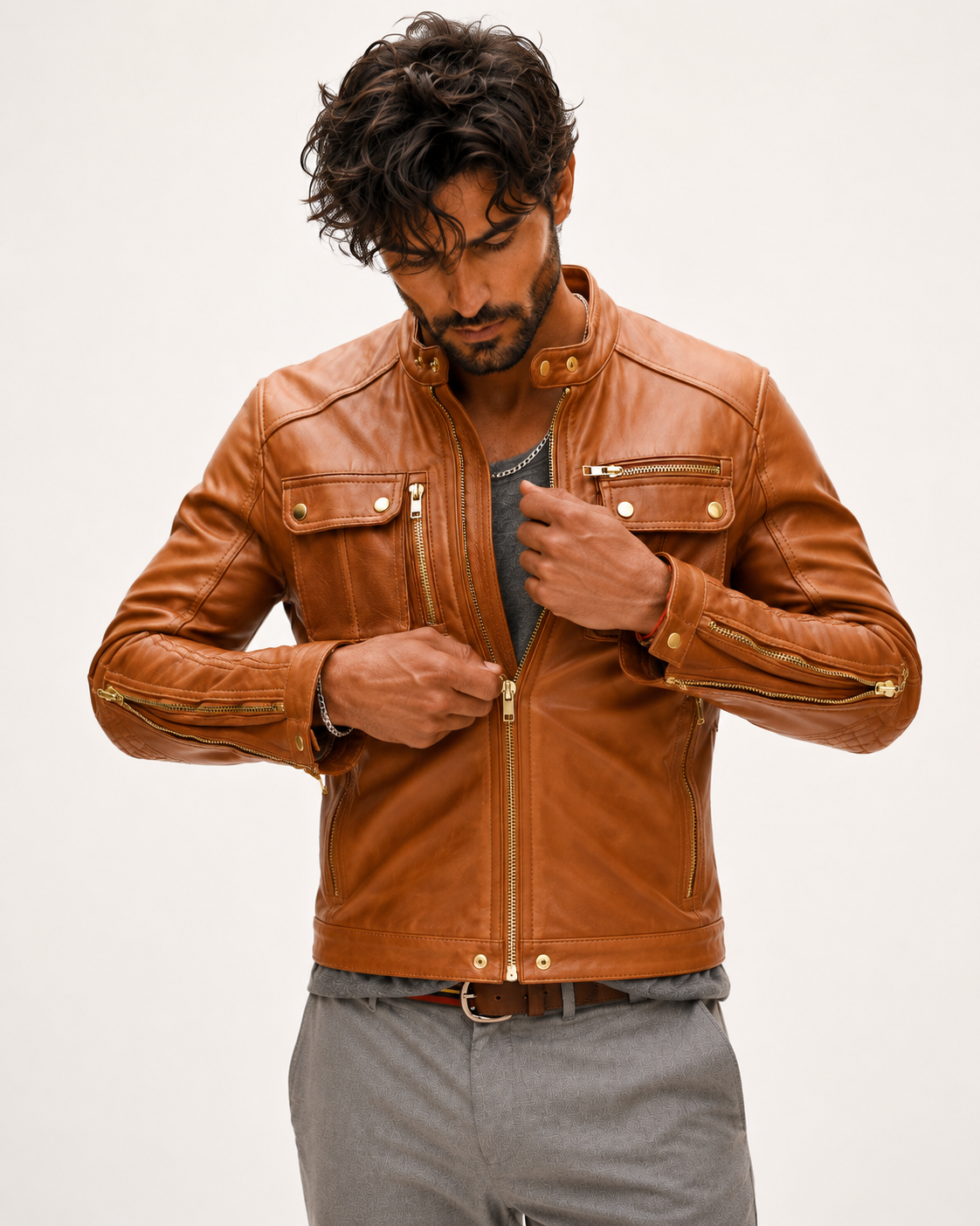 Vanguard Camel Leather Moto Jacket