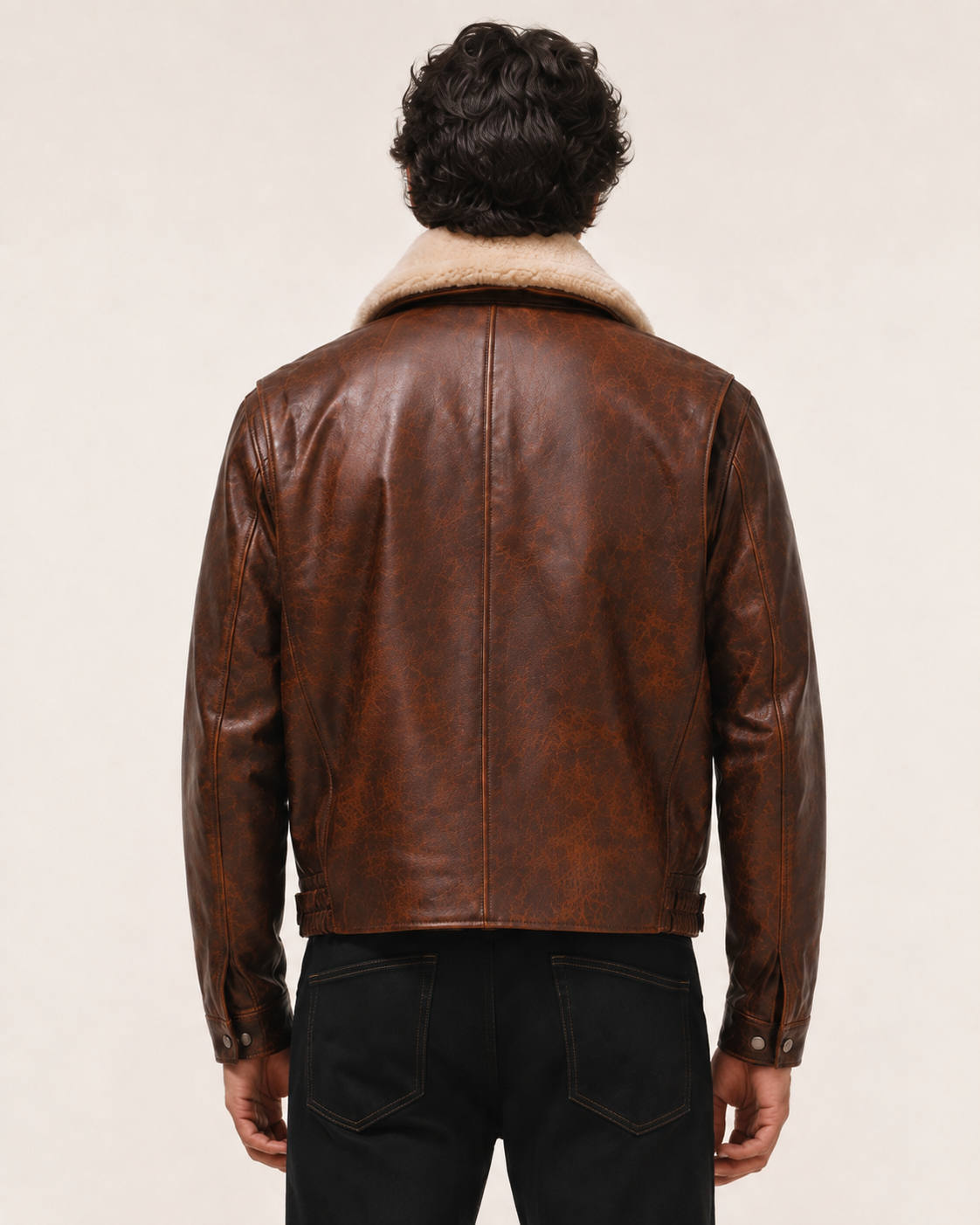 Distressed Brown Shearling Trucker Jacket – Daaran Maverick – interior lining view