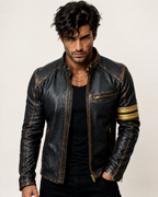 Golden Stripes Brown Leather Cafe Racer Jacket