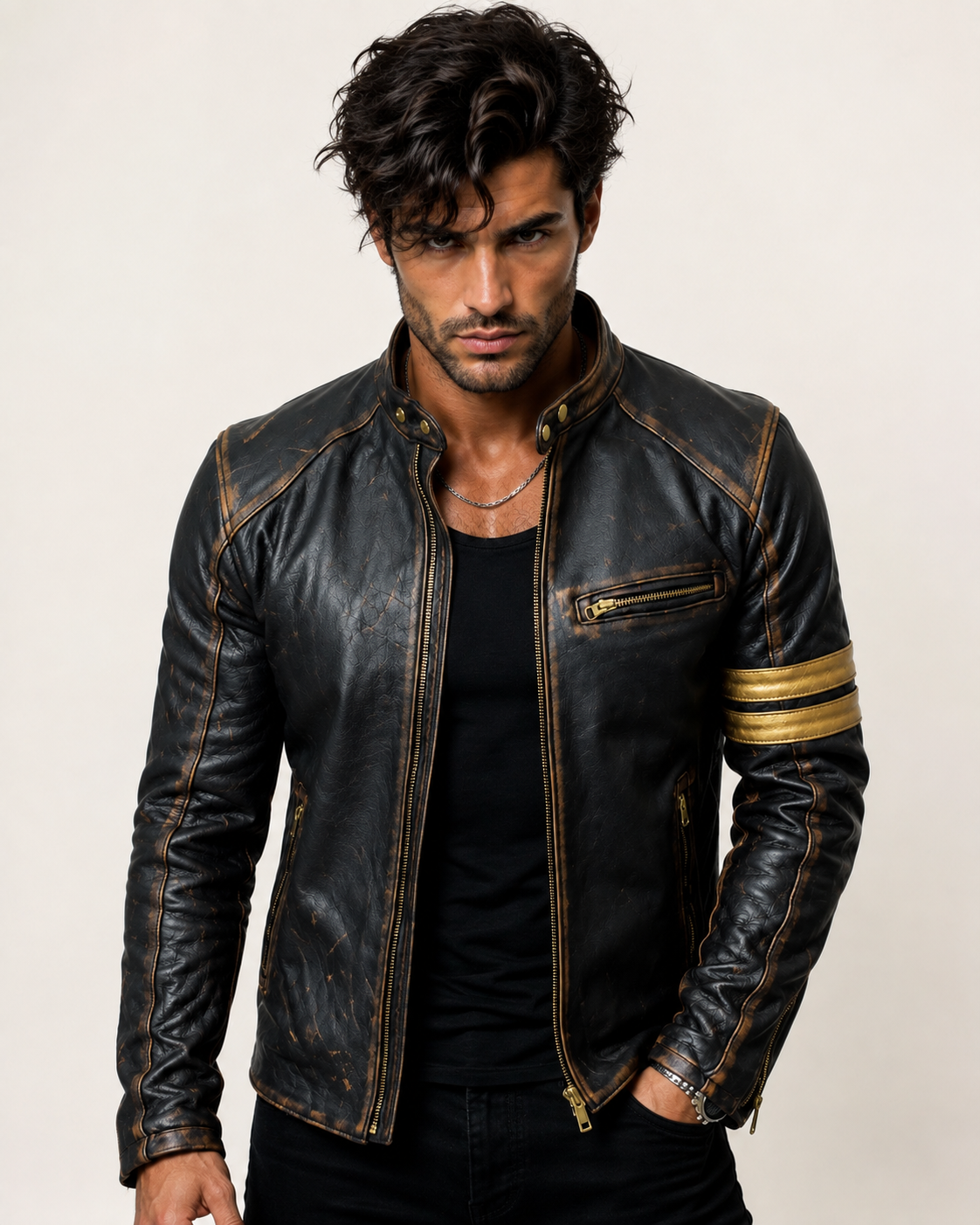 Golden Stripes Brown Leather Cafe Racer Jacket