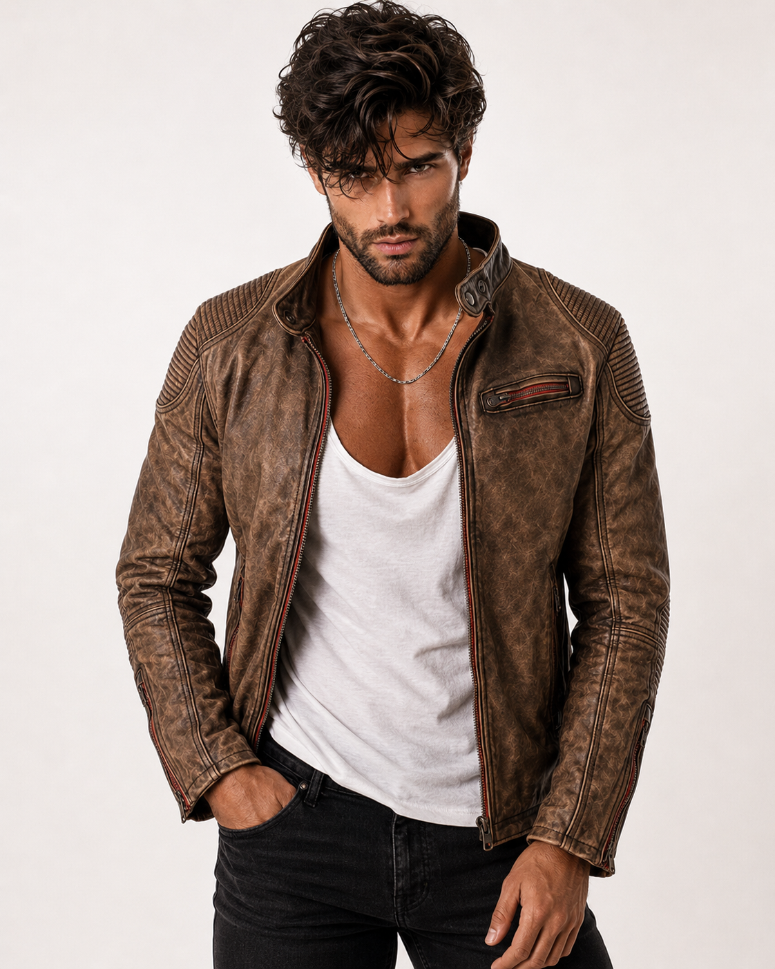 Havoc Racer Distressed Brown Leather Cafe Racer Jacket