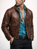 Drakeford Distressed Brown Leather Field Jacket