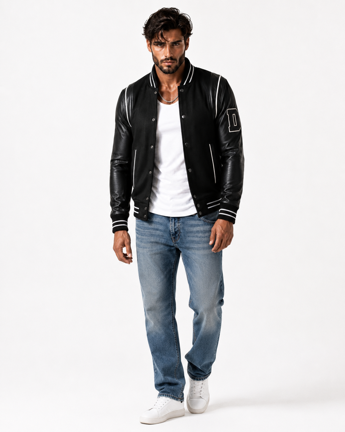 Varsity Black Leather Bomber Jacket