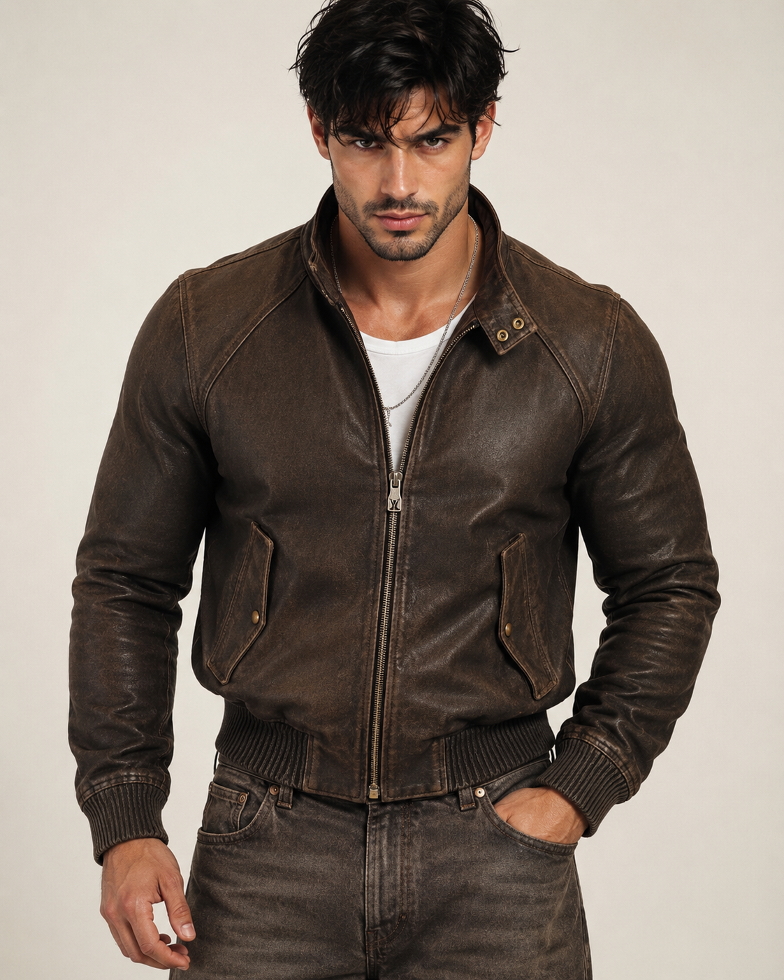Brown Distressed Sheep Leather Bomber Jacket – Brunnero