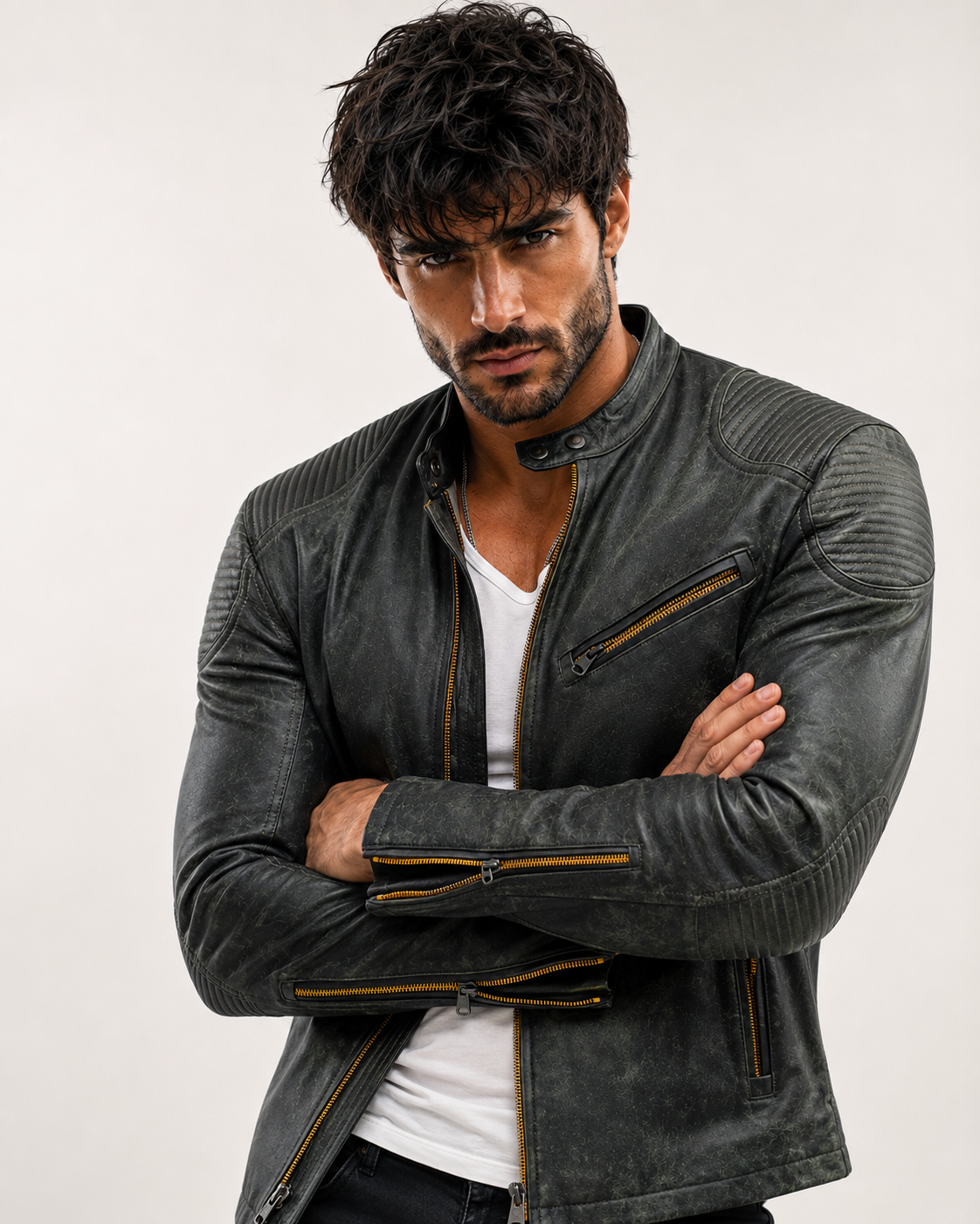 Distressed Green Sheep Leather Biker Jacket