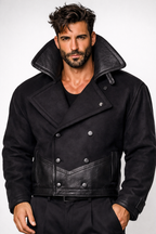 Black Wool & Leather Jacket for Men – NOX | Double Breasted Slim Fit Designer Winter Coat