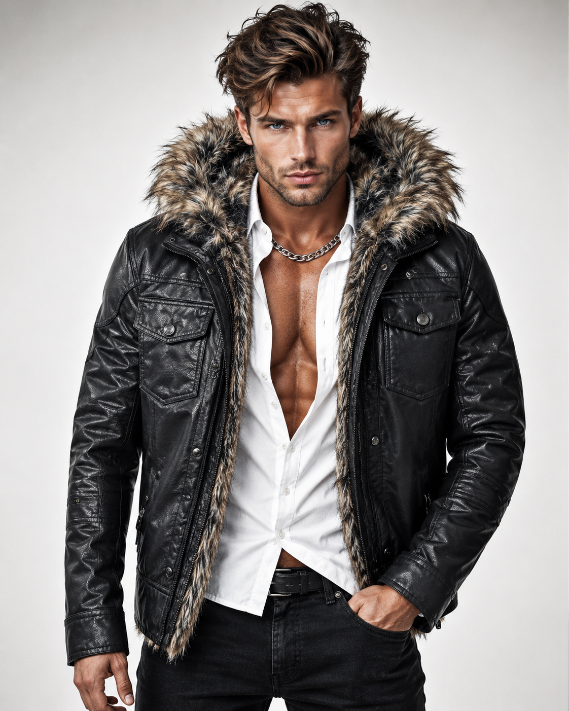 Black Fur Collar Leather Jacket