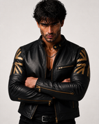 Men's Black Sheep Leather Bomber Jacket: Cropped Relaxed Fit | Daaran – collar and zipper detail