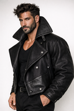 Black Wool & Leather Jacket for Men – NOX | Double Breasted Slim Fit Designer Winter Coat