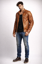 Cognac Croc-Embossed Sheep Leather Moto Jacket – Slim Fit | Crovane by Daaran