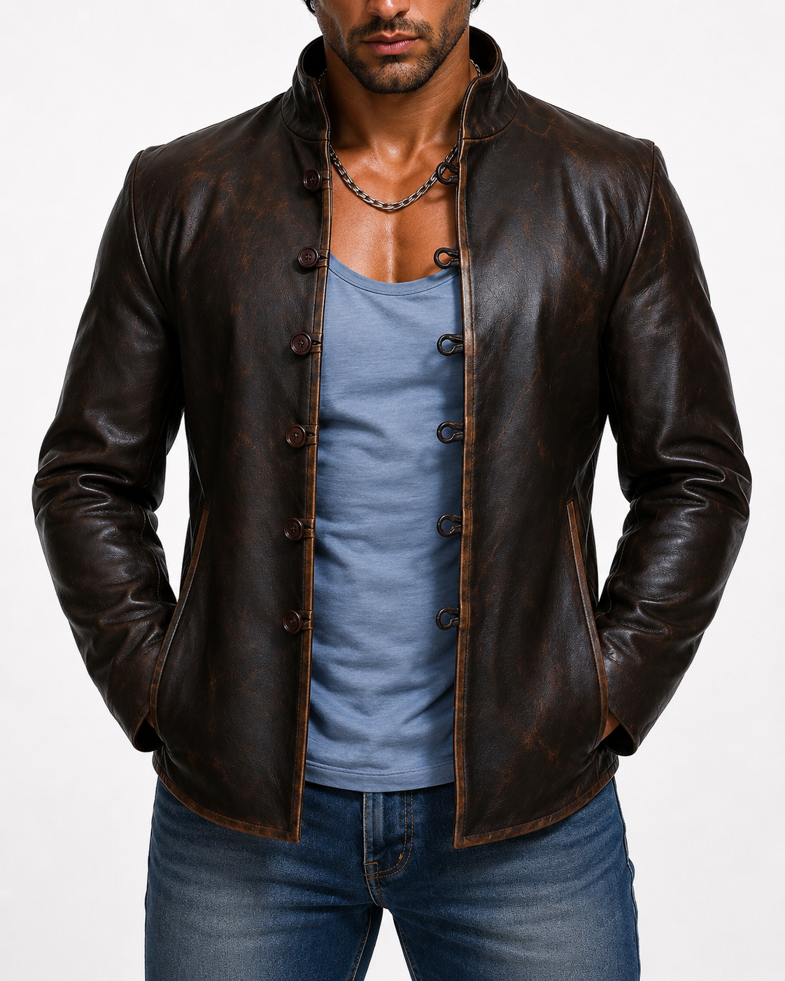 Men's Distressed Brown Mandarin Collar Leather Jacket | Daaran – collar and zipper detail