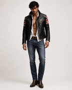 Union Jack Black Leather Café Racer Jacket | Daaran – styled, worn view