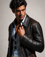 Vossen Black Distressed Sheepskin Leather Jacket