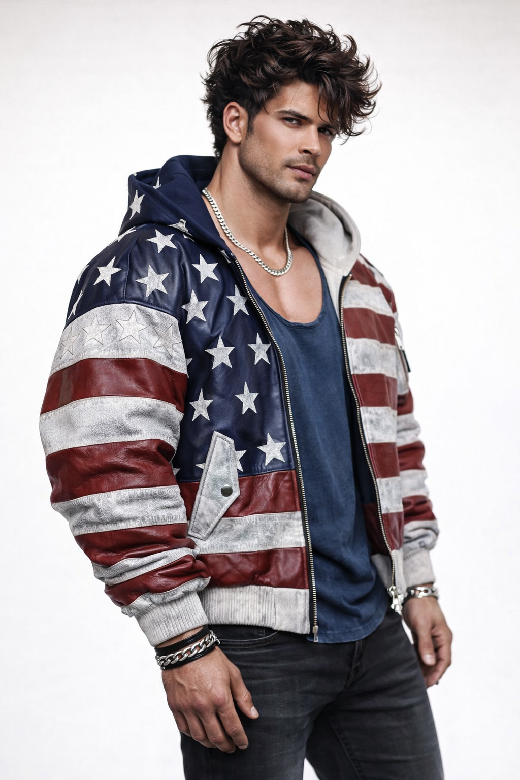 Men’s Distressed Sheep Leather Bomber Jacket – Vintage Flag | Daaran Keaton