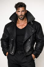 Black Wool & Leather Jacket for Men – NOX | Double Breasted Slim Fit Designer Winter Coat
