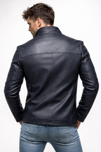 Vareno Navy Blue Leather Jacket – Slim Fit Stand Collar | Daaran