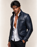Daaran Vareno Navy Blue Leather Stand-Collar Jacket