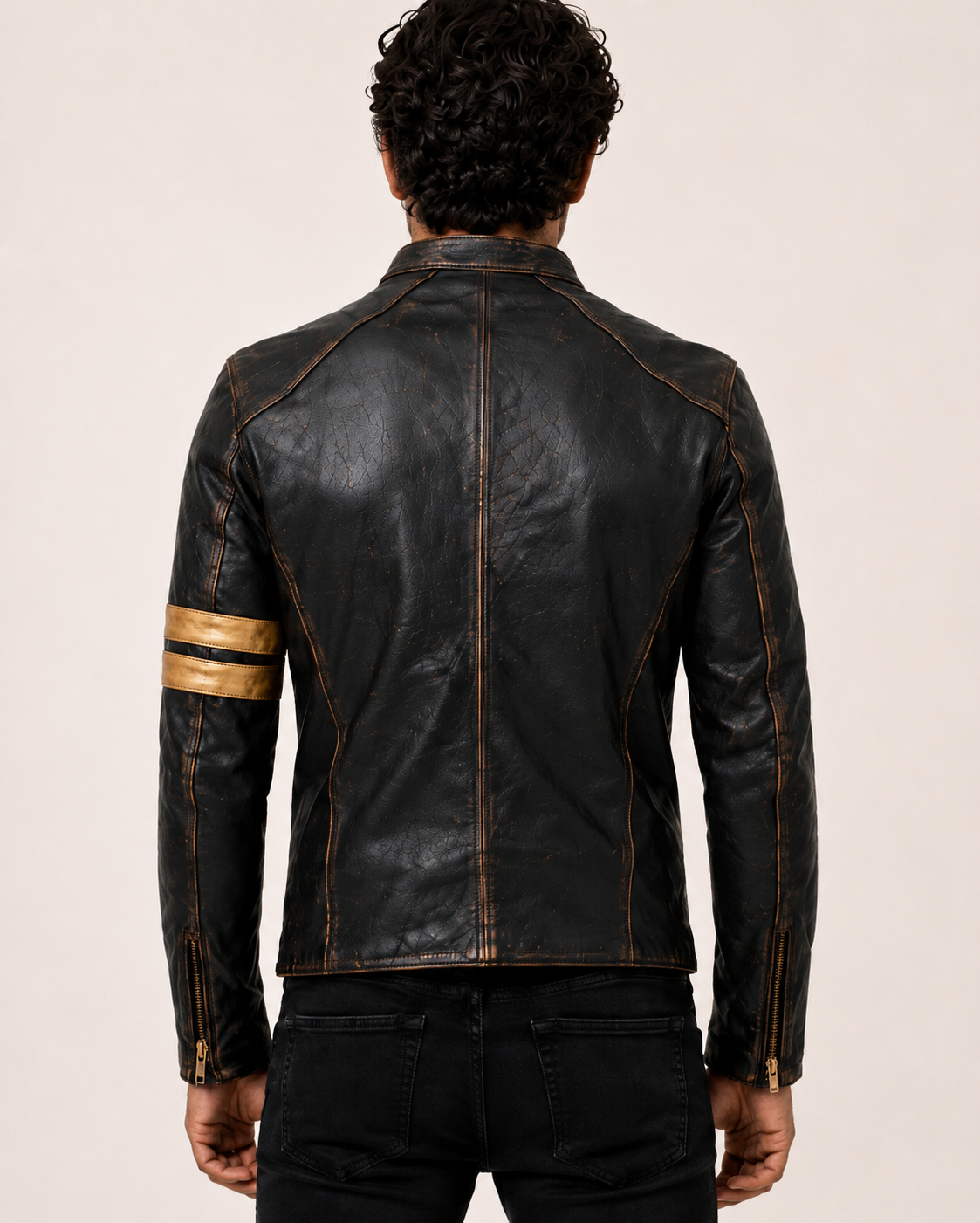 Golden Stripes Brown Leather Cafe Racer Jacket