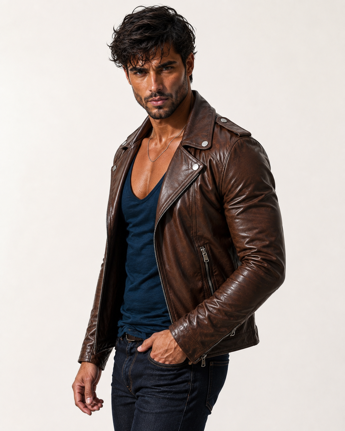 The VEYN Brown Sheepskin Moto Jacket | Daaran – close-up of leather texture and stitching