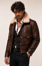 Distressed Brown Shearling Trucker Jacket – Daaran Maverick – back view