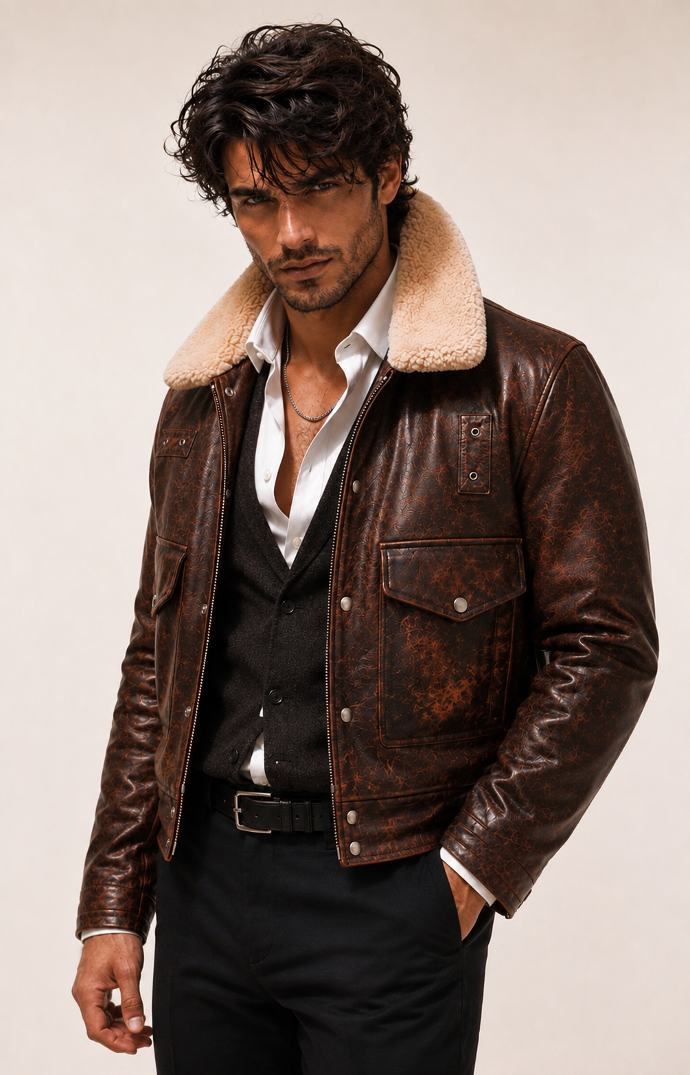Distressed Brown Shearling Trucker Jacket – Daaran Maverick – back view