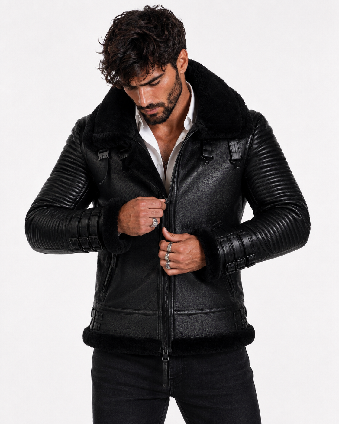 Shadow Sentinel Black Leather Aviator Jacket