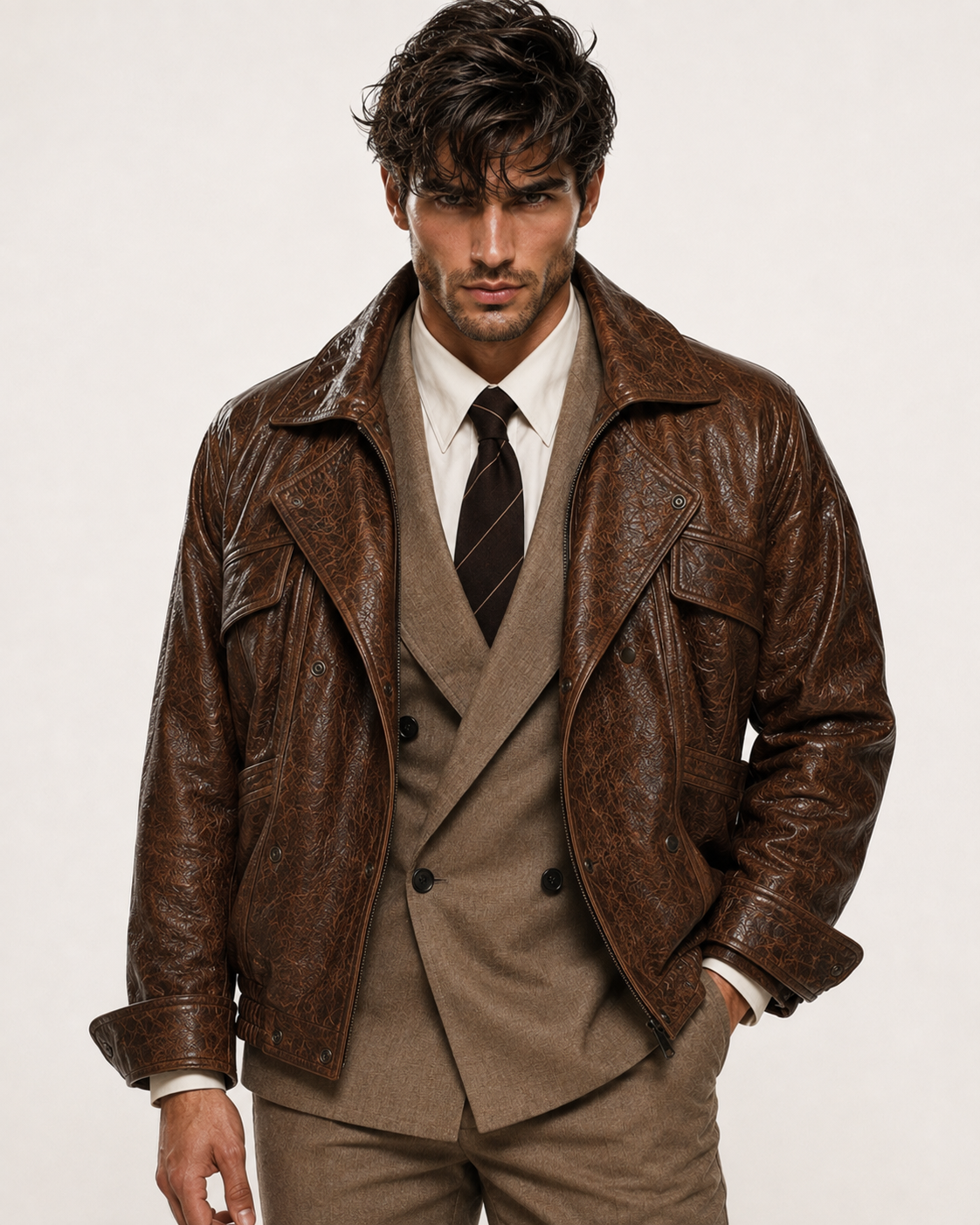 Oversized Brown Sheep Leather Aviator Blouson Jacket