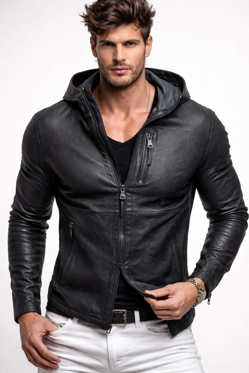 Black Hooded Sheep Leather Jacket – Men’s Genuine Leather | Ravven by Daaran