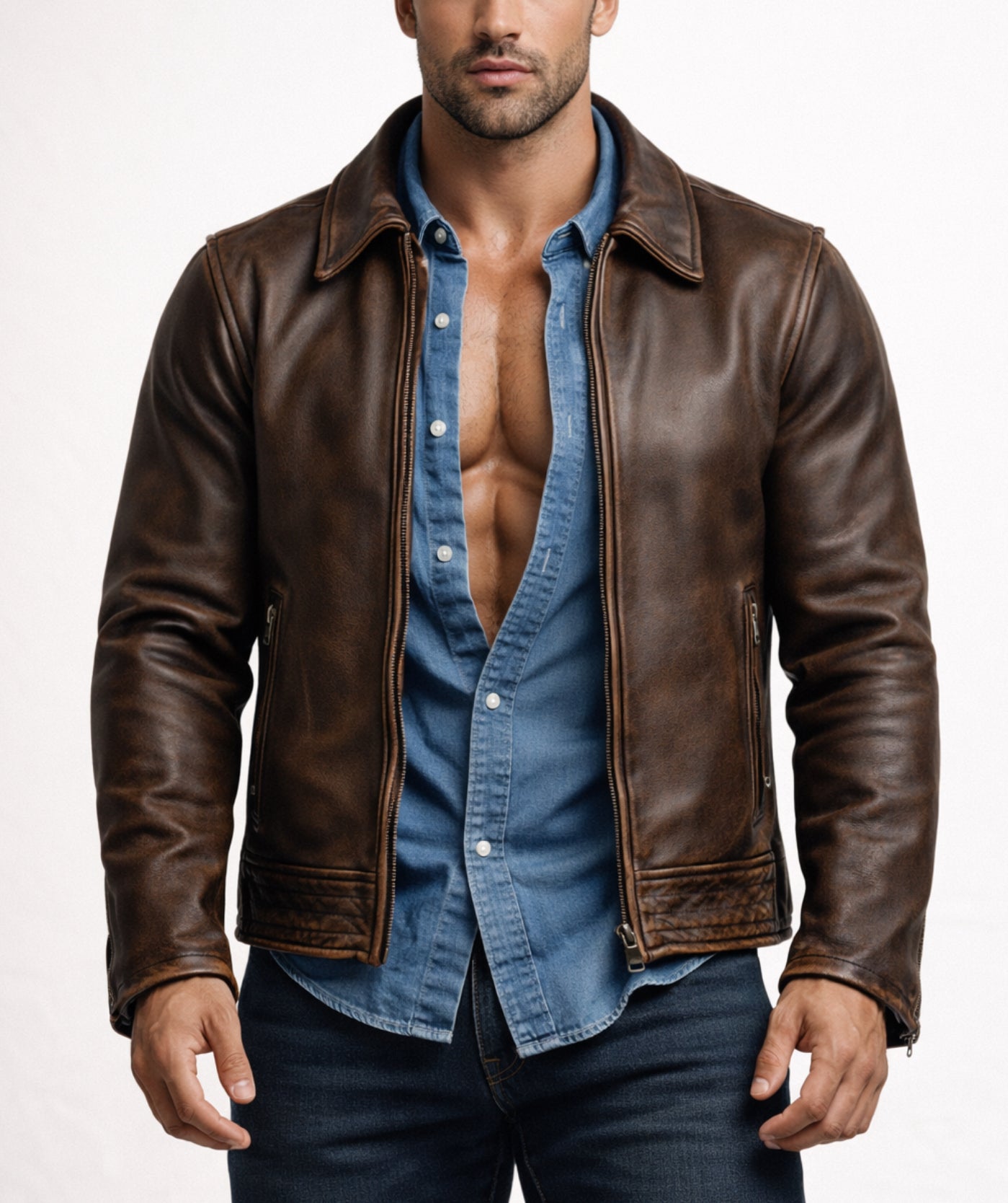 Verox Distressed Brown Cafe Racer Leather Jacket