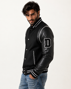 Varsity Black Leather Bomber Jacket