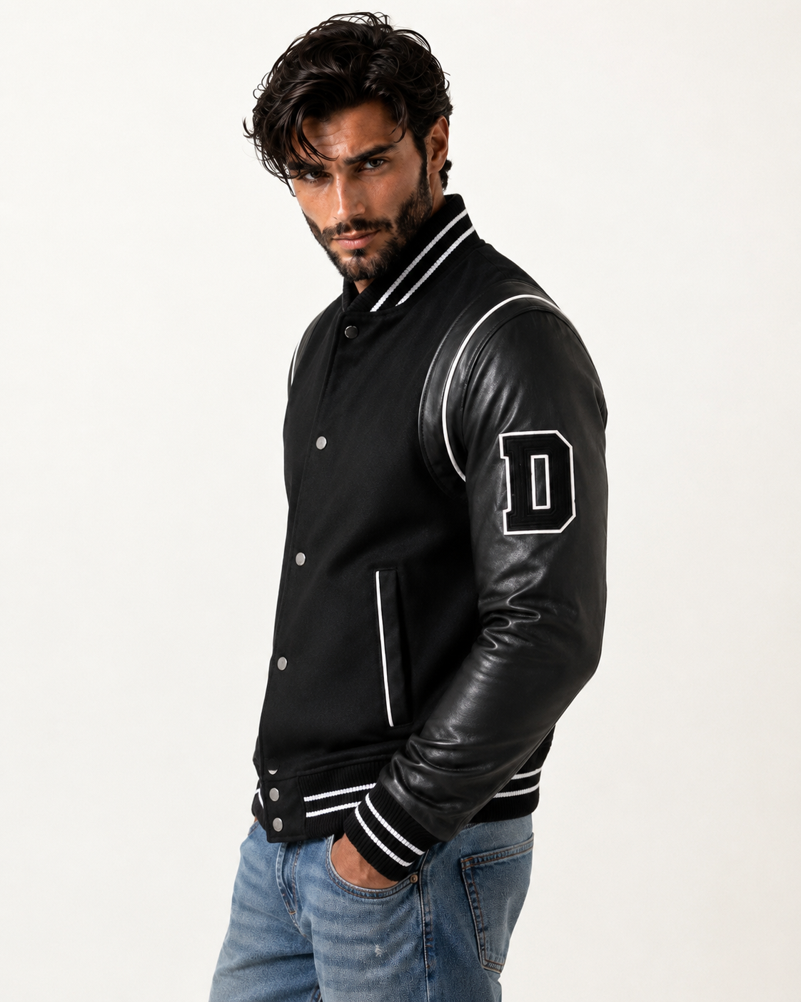Varsity Black Leather Bomber Jacket