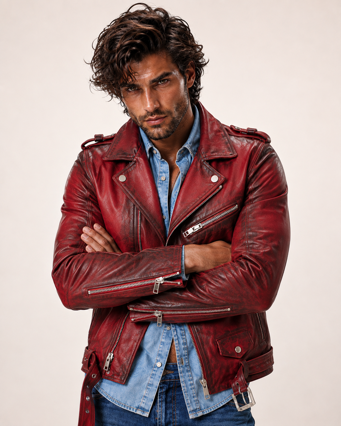 Urban Raider Distressed Red Leather Moto Jacket