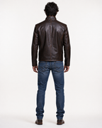 Men's Distressed Brown Mandarin Collar Leather Jacket | Daaran – three-quarter view