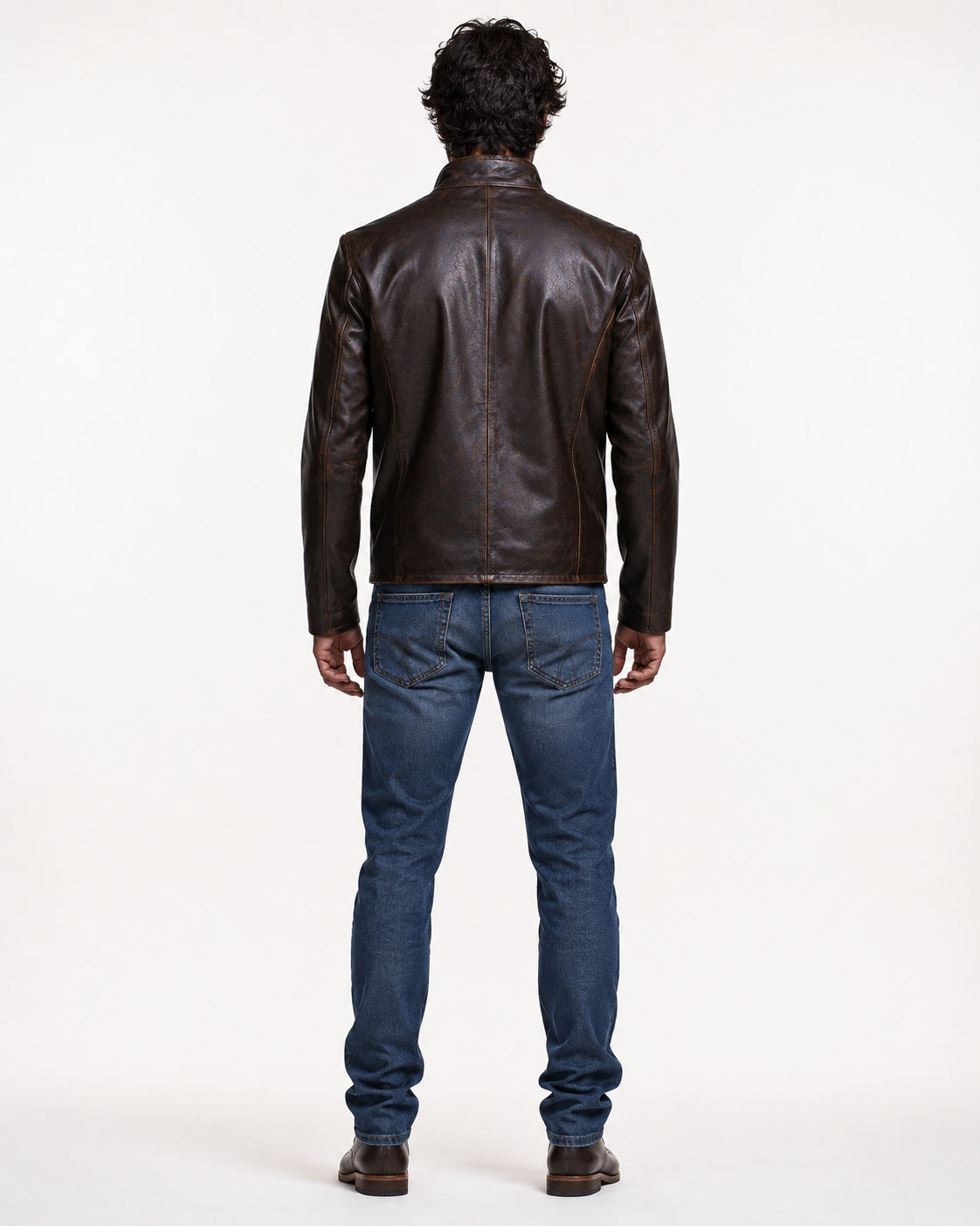 Men's Distressed Brown Mandarin Collar Leather Jacket | Daaran – three-quarter view