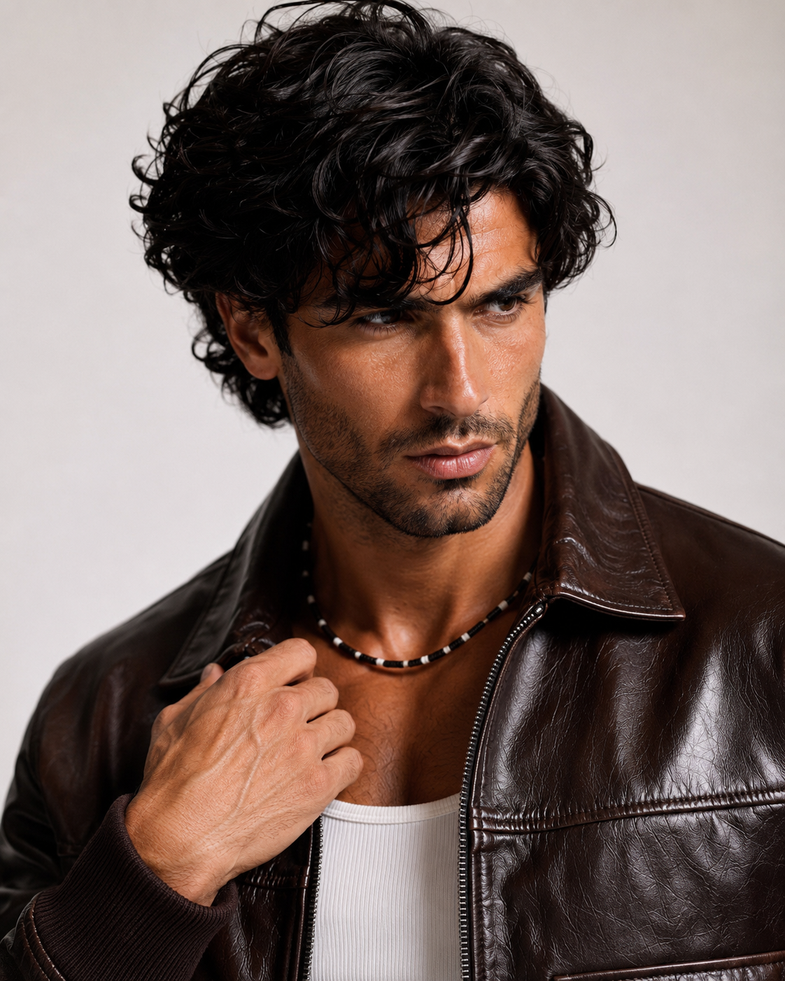 Cafe Maverick Brown Leather Bomber Jacket | Daaran – close-up of leather texture and stitching