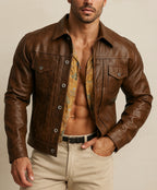 Tobacco Storm Brown Leather Trucker Jacket