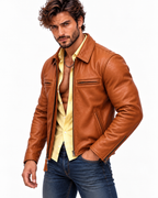 Men's Camel Cowhide Leather Moto Jacket: Slim Fit Bomber