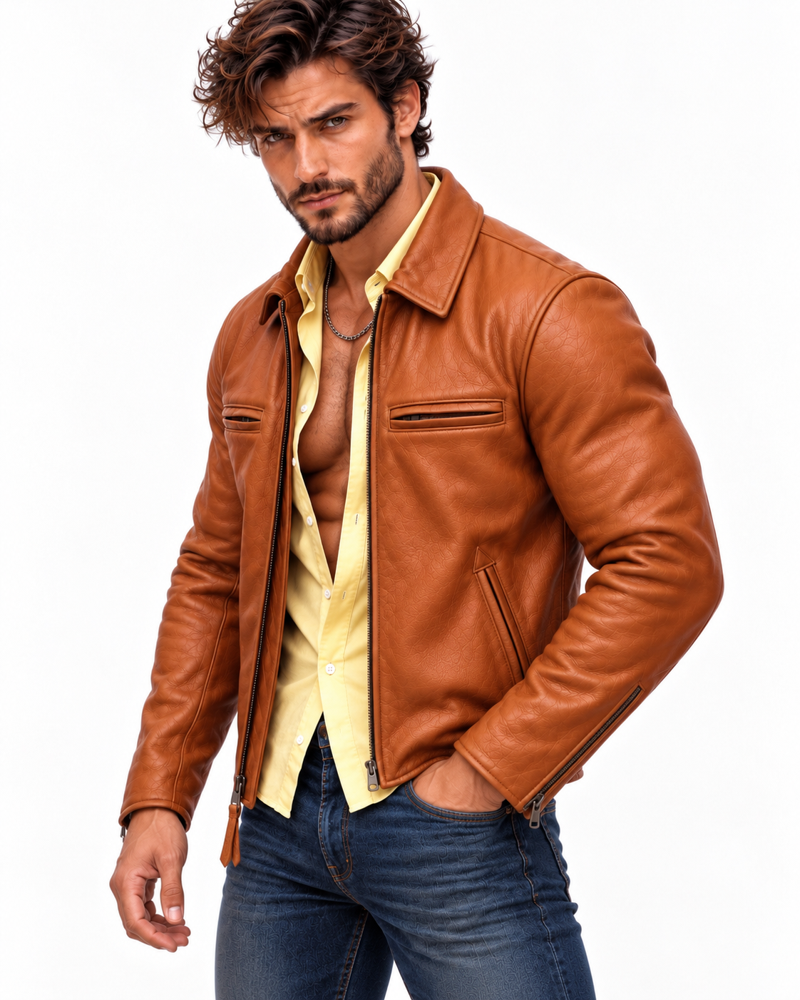 Men's Camel Cowhide Leather Moto Jacket: Slim Fit Bomber