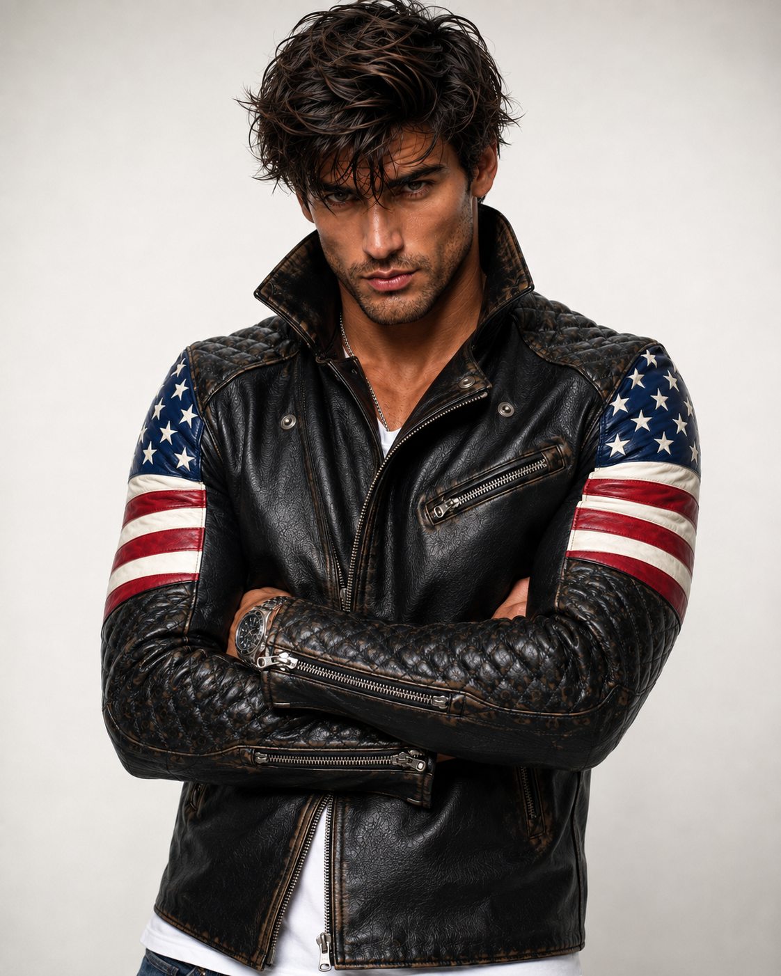 Distressed Charcoal Black Sheep Leather Moto Jacket | Daaran – close-up of leather texture and stitching