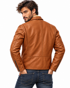 Men's Camel Cowhide Leather Moto Jacket: Slim Fit Bomber